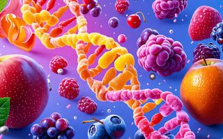 Conceptual illustration of the integration of genomics in candy production, showing DNA strands intertwined with images of fruits, candy, and freeze-drying technology.