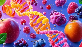 Conceptual illustration of the integration of genomics in candy production, showing DNA strands intertwined with images of fruits, candy, and freeze-drying technology.