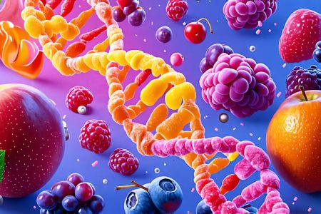 Conceptual illustration of the integration of genomics in candy production, showing DNA strands intertwined with images of fruits, candy, and freeze-drying technology.