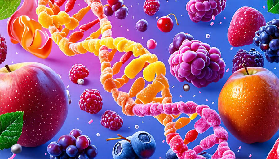 Conceptual illustration of the integration of genomics in candy production, showing DNA strands intertwined with images of fruits, candy, and freeze-drying technology.