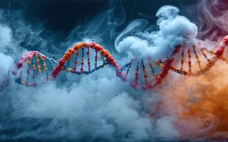 Conceptual illustration depicting the impact of vaping on genetic material, showcasing DNA strands being altered by vapor clouds and symbols of e-cigarette components influencing cellular responses.