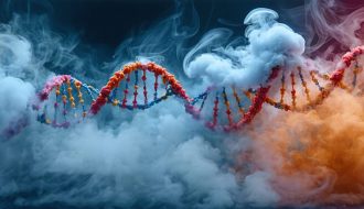 Conceptual illustration depicting the impact of vaping on genetic material, showcasing DNA strands being altered by vapor clouds and symbols of e-cigarette components influencing cellular responses.