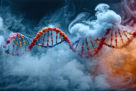 Conceptual illustration depicting the impact of vaping on genetic material, showcasing DNA strands being altered by vapor clouds and symbols of e-cigarette components influencing cellular responses.