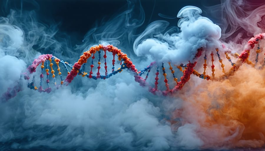 Conceptual illustration depicting the impact of vaping on genetic material, showcasing DNA strands being altered by vapor clouds and symbols of e-cigarette components influencing cellular responses.