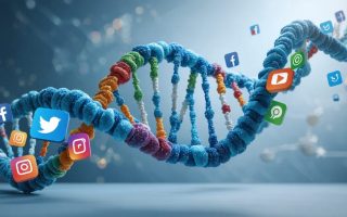 A DNA double helix intertwined with social media icons, symbolizing the intersection of genomic science and digital marketing in healthcare.