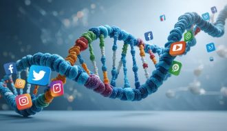 A DNA double helix intertwined with social media icons, symbolizing the intersection of genomic science and digital marketing in healthcare.