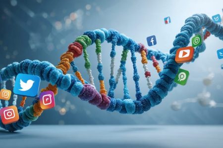 A DNA double helix intertwined with social media icons, symbolizing the intersection of genomic science and digital marketing in healthcare.