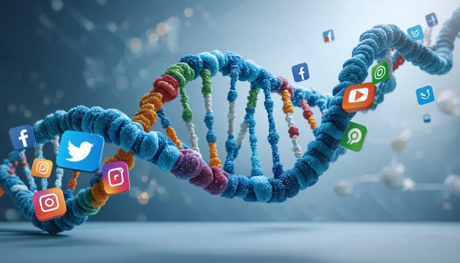 A DNA double helix intertwined with social media icons, symbolizing the intersection of genomic science and digital marketing in healthcare.