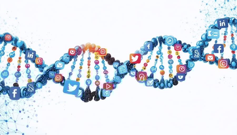 DNA double helix with floating social media platform icons integrated into its structure
