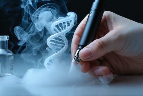 Hand holding a THCa vape pen as vapor curls into a translucent DNA double helix, with a softly blurred laboratory background in cool blue lighting.