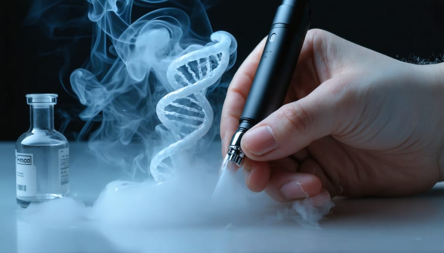 Hand holding a THCa vape pen as vapor curls into a translucent DNA double helix, with a softly blurred laboratory background in cool blue lighting.