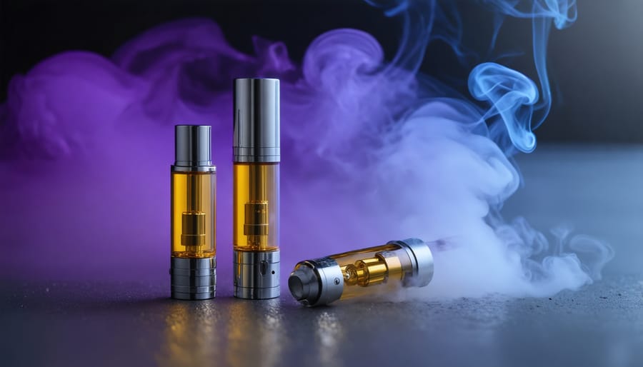 Close-up of glass vape cartridge containing amber cannabis oil