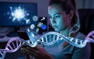 Young adult in a dim room holding a smartphone showing abstract slot icons without text, with a glowing DNA double helix in the foreground and a blurred home office background.