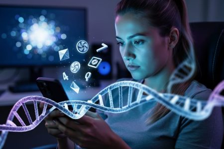 Young adult in a dim room holding a smartphone showing abstract slot icons without text, with a glowing DNA double helix in the foreground and a blurred home office background.
