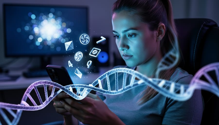 Young adult in a dim room holding a smartphone showing abstract slot icons without text, with a glowing DNA double helix in the foreground and a blurred home office background.