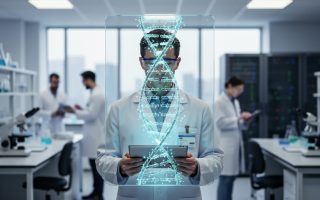 Genomics researcher with tablet in front of a transparent display showing a DNA helix and glowing interconnected nodes, with colleagues and lab equipment softly blurred in the background.