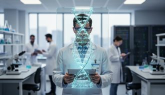 Genomics researcher with tablet in front of a transparent display showing a DNA helix and glowing interconnected nodes, with colleagues and lab equipment softly blurred in the background.