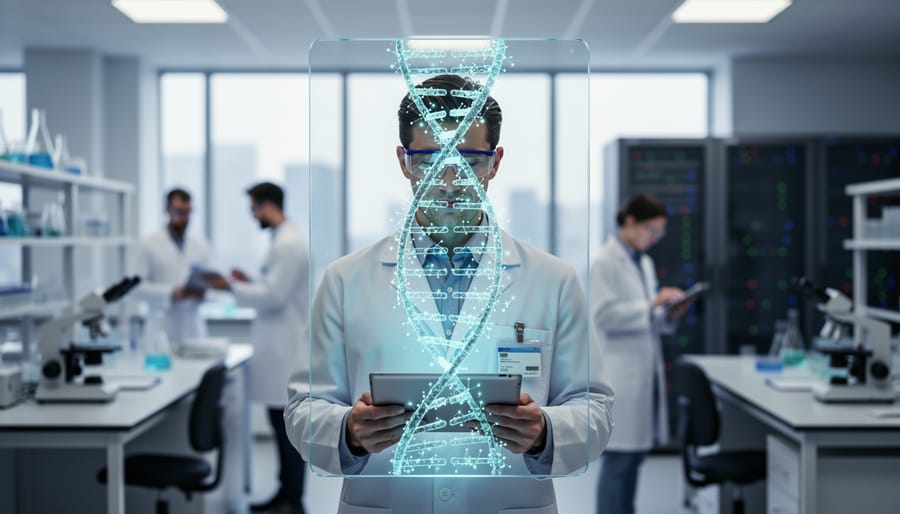 Genomics researcher with tablet in front of a transparent display showing a DNA helix and glowing interconnected nodes, with colleagues and lab equipment softly blurred in the background.