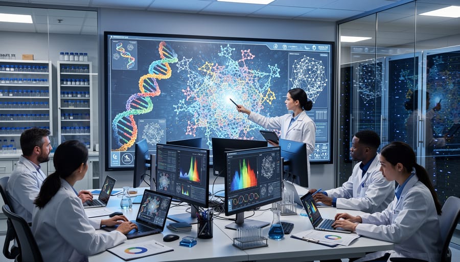 Scientists collaborating in genomics laboratory around computer workstation