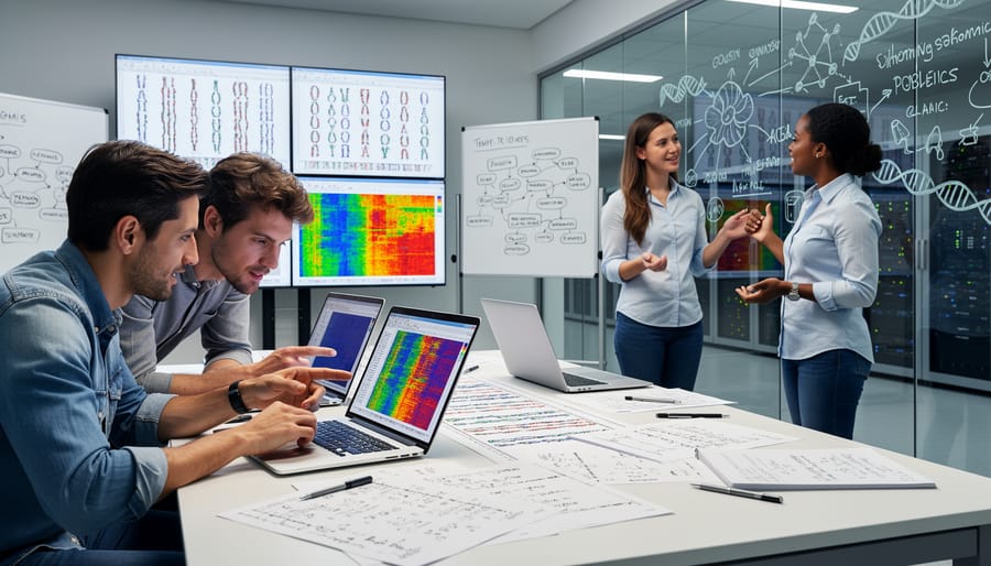 Scientists collaborating and discussing research in laboratory setting