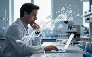 Genomics researcher in a lab coat at a laptop with translucent upvote arrows fracturing near a glowing DNA helix overlay, lab equipment softly blurred behind.