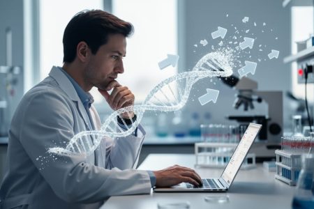 Genomics researcher in a lab coat at a laptop with translucent upvote arrows fracturing near a glowing DNA helix overlay, lab equipment softly blurred behind.