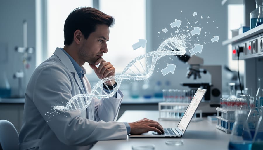 Genomics researcher in a lab coat at a laptop with translucent upvote arrows fracturing near a glowing DNA helix overlay, lab equipment softly blurred behind.