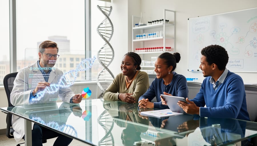 Two researchers shaking hands in collaborative laboratory setting