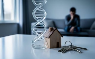 Close-up photo of a clear glass DNA double helix intertwined with a small wooden house model and metal house keys on a clean table, lit by soft side-window light, with a blurred home interior and a contemplative figure in the background.