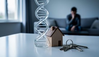 Close-up photo of a clear glass DNA double helix intertwined with a small wooden house model and metal house keys on a clean table, lit by soft side-window light, with a blurred home interior and a contemplative figure in the background.
