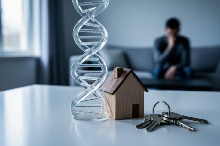 Close-up photo of a clear glass DNA double helix intertwined with a small wooden house model and metal house keys on a clean table, lit by soft side-window light, with a blurred home interior and a contemplative figure in the background.
