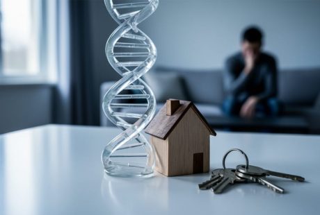 Close-up photo of a clear glass DNA double helix intertwined with a small wooden house model and metal house keys on a clean table, lit by soft side-window light, with a blurred home interior and a contemplative figure in the background.