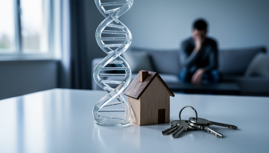 Close-up photo of a clear glass DNA double helix intertwined with a small wooden house model and metal house keys on a clean table, lit by soft side-window light, with a blurred home interior and a contemplative figure in the background.