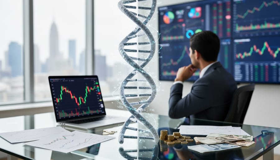 Illuminated DNA double helix structure on dark background