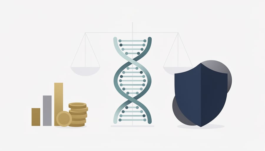 Balanced scale with DNA model and house model representing ethical considerations