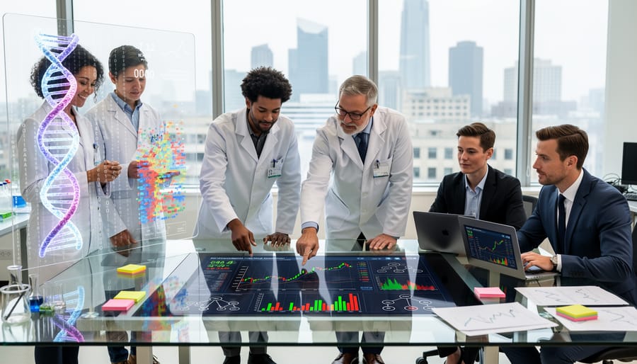 Scientists collaborating in modern genomics laboratory