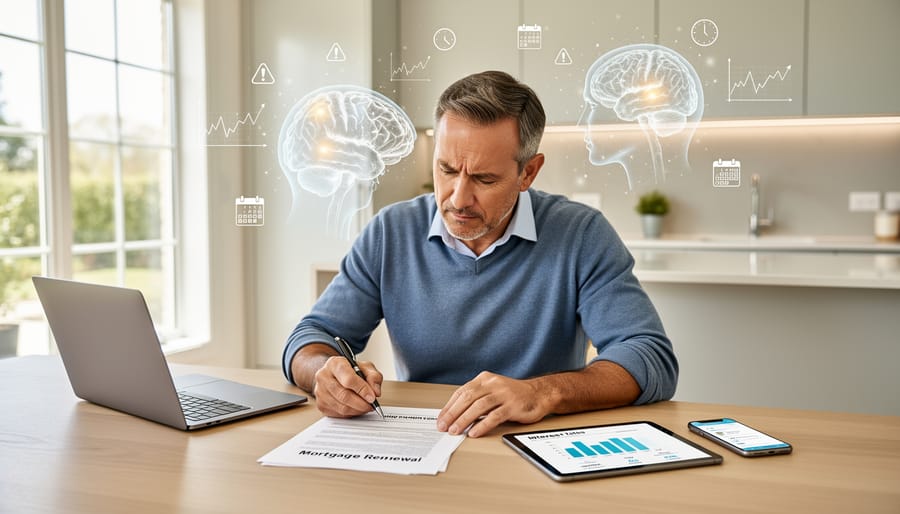 Hands examining house model with financial documents and calculator on desk