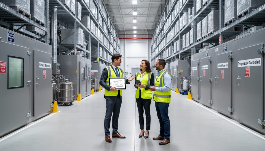 Business professionals reviewing biotech warehouse facility plans and specifications