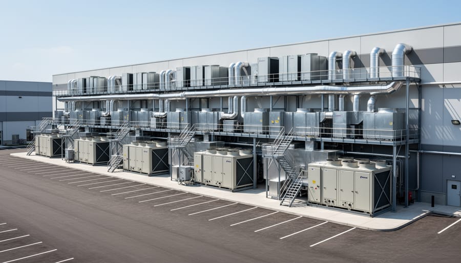 Modern biotech warehouse exterior showing specialized ventilation and climate control systems