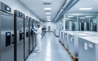 Technician in cleanroom attire inspecting ultra-low freezers in a climate-controlled biotech warehouse aisle with HEPA ceiling, HVAC ducting, insulated cold-chain pallets, and a glass-partitioned room housing redundant chillers in the background.