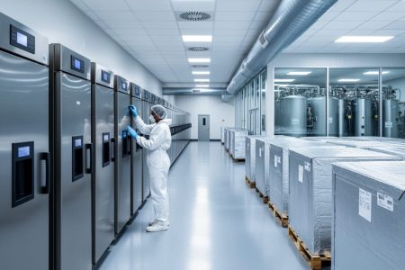 Technician in cleanroom attire inspecting ultra-low freezers in a climate-controlled biotech warehouse aisle with HEPA ceiling, HVAC ducting, insulated cold-chain pallets, and a glass-partitioned room housing redundant chillers in the background.