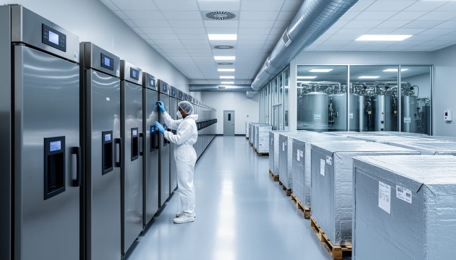 Technician in cleanroom attire inspecting ultra-low freezers in a climate-controlled biotech warehouse aisle with HEPA ceiling, HVAC ducting, insulated cold-chain pallets, and a glass-partitioned room housing redundant chillers in the background.