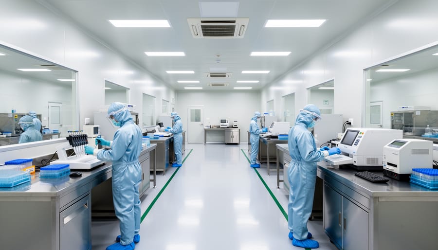Interior view of biotech warehouse cleanroom corridor with air filtration systems