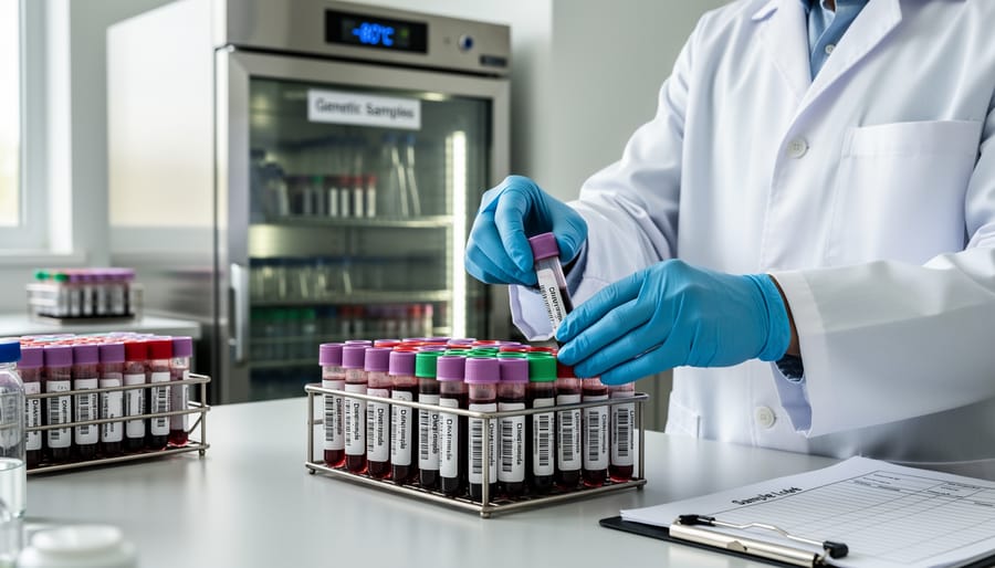 Gloved hand placing a sealed specimen container into a refrigerated bio-sample storage unit.