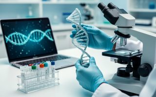 “Gloved lab professional holding a DNA double-helix model above a microscope and sample tubes in a clinical genetics laboratory with abstract genomic light patterns in the background.”
