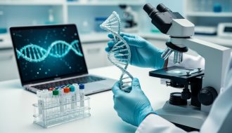 “Gloved lab professional holding a DNA double-helix model above a microscope and sample tubes in a clinical genetics laboratory with abstract genomic light patterns in the background.”