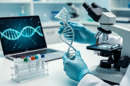 “Gloved lab professional holding a DNA double-helix model above a microscope and sample tubes in a clinical genetics laboratory with abstract genomic light patterns in the background.”
