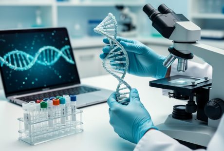 “Gloved lab professional holding a DNA double-helix model above a microscope and sample tubes in a clinical genetics laboratory with abstract genomic light patterns in the background.”