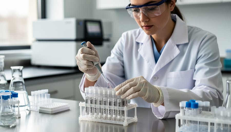 Lab professional wearing protective gear holding a microcentrifuge tube containing a DNA sample in a clean laboratory.