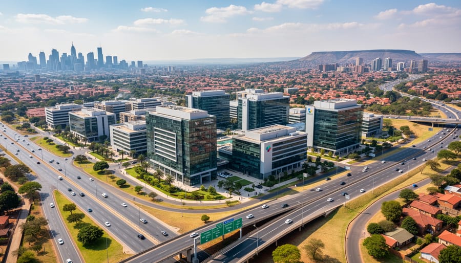 Aerial view of Midrand business district showing modern commercial infrastructure